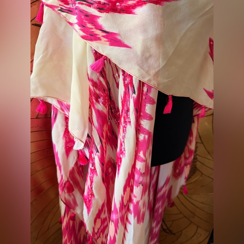 HEMANT & NANDITA Pink and Cream Printed sequin fringe tassel Kimono - Picture 8 of 10